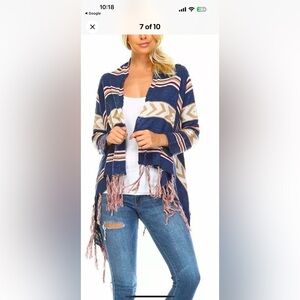 Open Front Oversized Fringe Cardigan with Cowl Button Up Navy